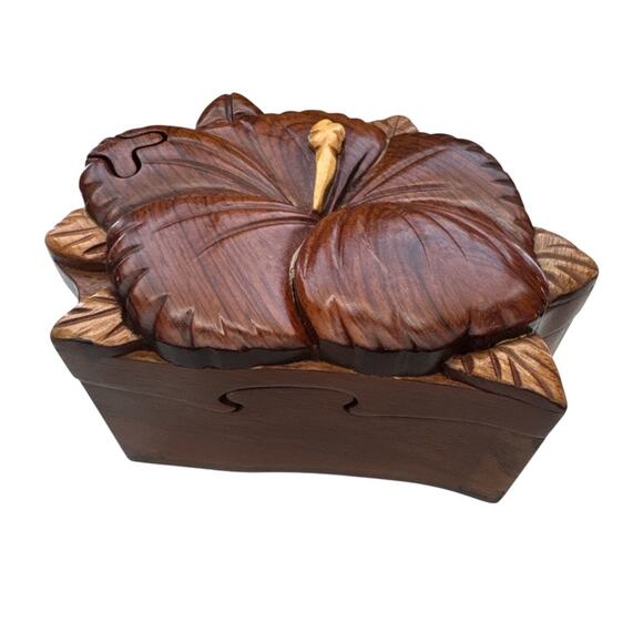 Hand Carved Hibiscus Flower Wooden Secret Puzzle Box - Picture 2 of 10